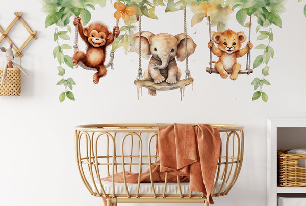 Nursery Wall Stickers for Kids Room Animals on Swings - Safari Wall Decal - Jungle Nursery Decor