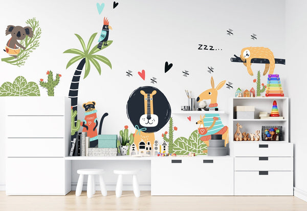 Vinilos decorativos de animales australianos con león y perezoso - 54 elementos