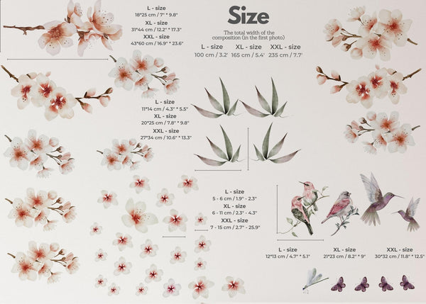 Cherry Blossom Decal - Sakura Wall Decal - Floral Decor - Sakura Wall Sticker Set - Vintage Flowers - Floral Wall Decals Nursery
