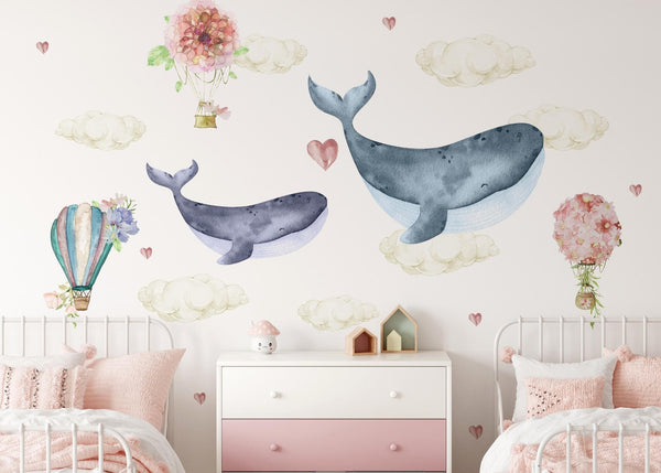 Kit de vinilo de pared "Ballenas + Globos Aerostáticos y Corazones"