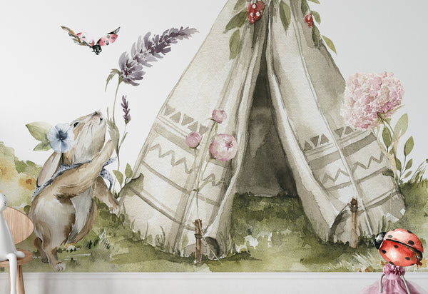 Woodland Forest Animals Wall Sticker Set with Rabbit Bear and Tree - Perfect for Nursery and Kids Room Decor