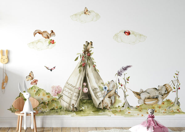 Woodland Forest Animals Wall Sticker Set with Rabbit Bear and Tree - Perfect for Nursery and Kids Room Decor