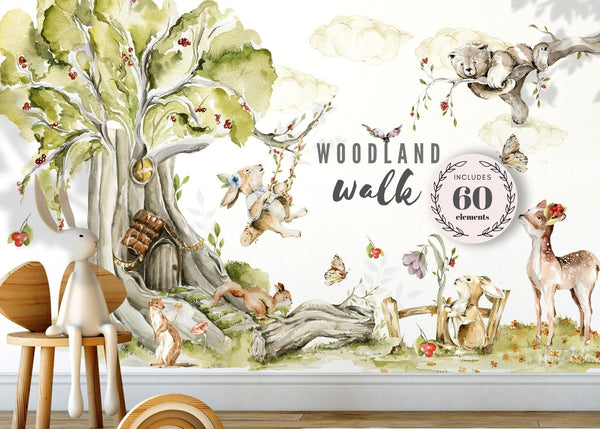Woodland Forest Animals Wall Decal - Neutral Nursery Sticker with Tree for Kids Room Decor