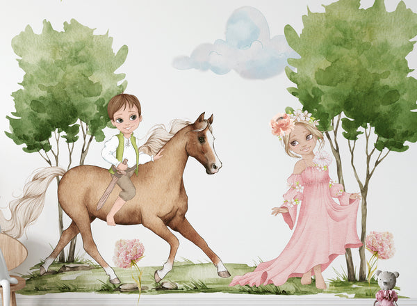 Kids Wall Decals / Princess And Prince Wall Sticker for Nursery / Trees / Hot Air Balloons / Horse