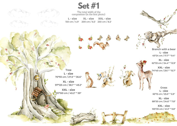 Woodland Forest Animals Wall Decal - Neutral Nursery Sticker with Tree for Kids Room Decor