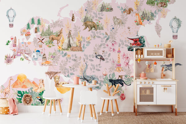 ANIMAL WORLD MAP wall decal for kids room - Nursery Wall Stickers decor for boys and girls - Peel and stick