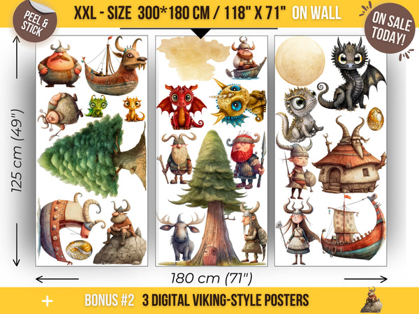 Viking Wall Decal for Kids' Room, Dragon Wall Sticker, Viking Nursery