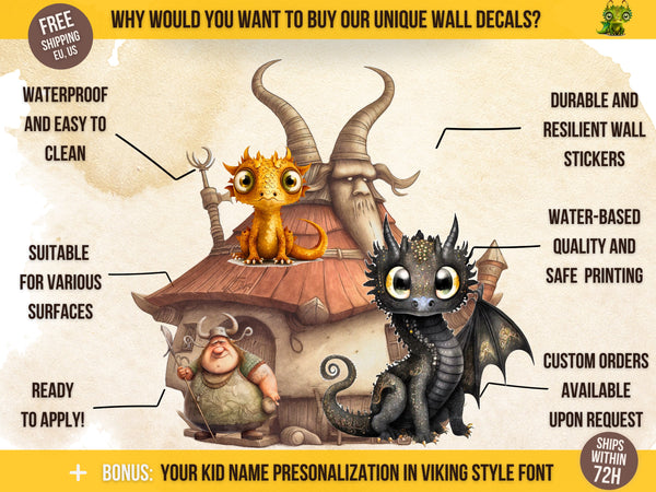 Viking Wall Decal for Kids' Room, Dragon Wall Sticker, Viking Nursery