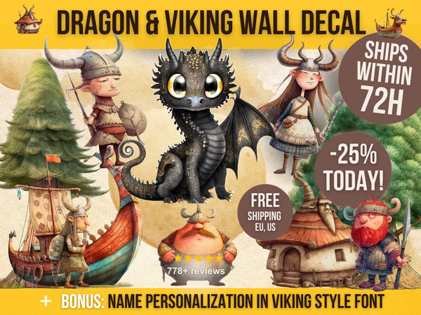 Viking Wall Decal for Kids' Room, Dragon Wall Sticker, Viking Nursery