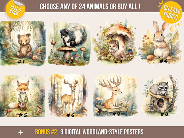 Customizable Woodland Wall Decal with 24 Forest Animals for Kids' Nursery and Playroom with Name Personalization