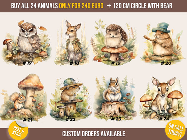 Customizable Woodland Wall Decal with 24 Forest Animals for Kids' Nursery and Playroom with Name Personalization