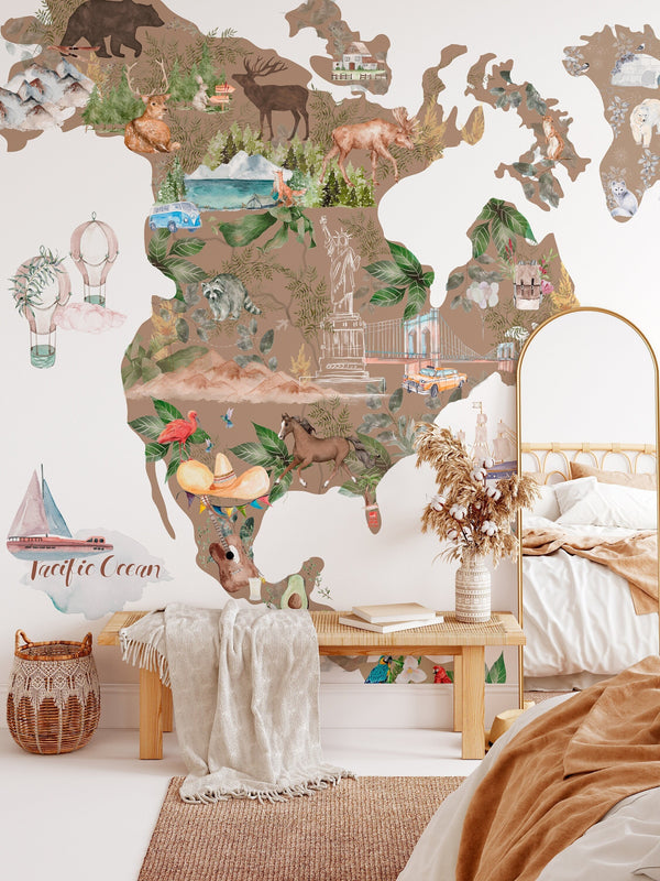 ANIMAL WORLD MAP wall decal for kids room - Nursery Wall Stickers decor for boys and girls - Peel and stick