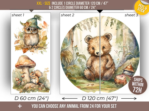 Customizable Woodland Wall Decal with 24 Forest Animals for Kids' Nursery and Playroom with Name Personalization