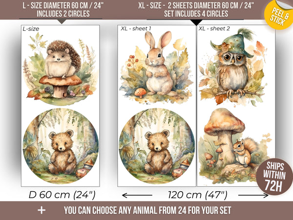 Customizable Woodland Wall Decal with 24 Forest Animals for Kids' Nursery and Playroom with Name Personalization