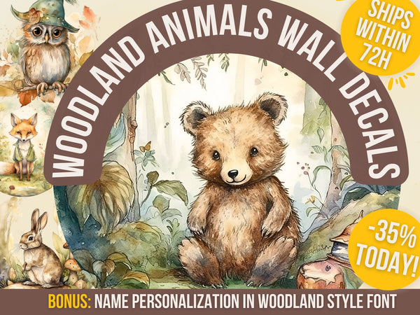 Customizable Woodland Wall Decal with 24 Forest Animals for Kids' Nursery and Playroom with Name Personalization