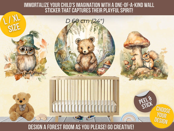 Customizable Woodland Wall Decal with 24 Forest Animals for Kids' Nursery and Playroom with Name Personalization