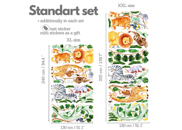 Safari Nursery Wall Stickers - Jungle Animal Decals for Nursery - XL 10 feet + or XXL 13 feet +