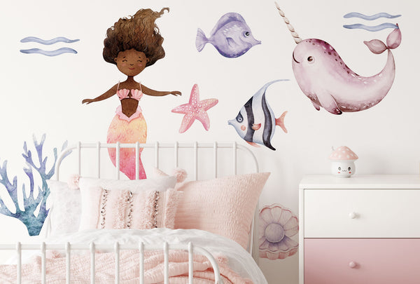 Girls Wall Decals - Mermaid Wall Decor - Little Mermaid Wall Sticker - Watercolor - Peel and Stick