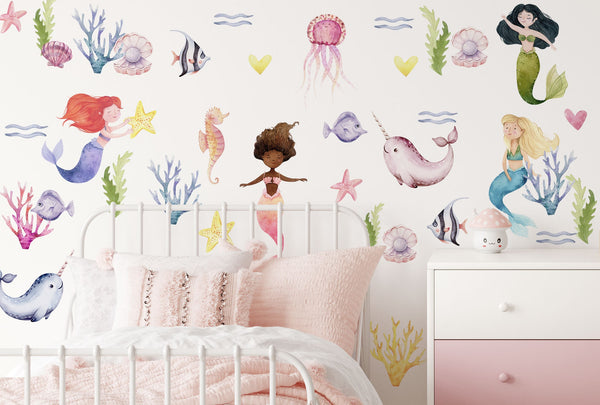 Girls Wall Decals - Mermaid Wall Decor - Little Mermaid Wall Sticker - Watercolor - Peel and Stick