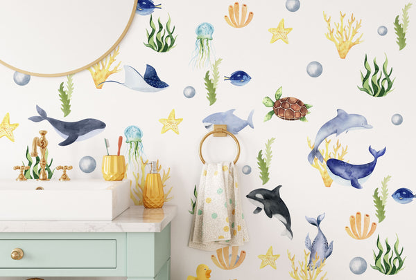 AQUAMARINE- Under the Sea Wall Decal - Ocean Animal - Watercolor Stickers Sea Life