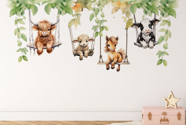 Farm Animals Wall Decals - Animals on Swing Wall Sticker - Childrens Wall Decal - Farm Nursery Decor