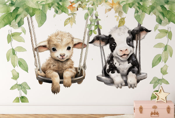 Farm Animals Wall Decals - Animals on Swing Wall Sticker - Childrens Wall Decal - Farm Nursery Decor