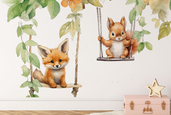 Wall Stickers for Kids Room Animals On A Swing - Woodland Animal Wall Decals - Nursery Wall Decal