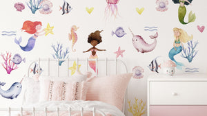 Girls Wall Decals - Mermaid Wall Decor - Little Mermaid Wall Sticker - Watercolor - Peel and Stick