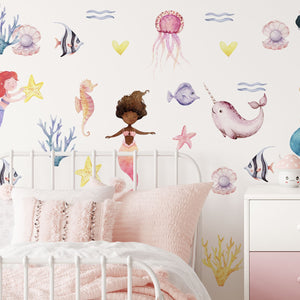 Girls Wall Decals - Mermaid Wall Decor - Little Mermaid Wall Sticker - Watercolor - Peel and Stick