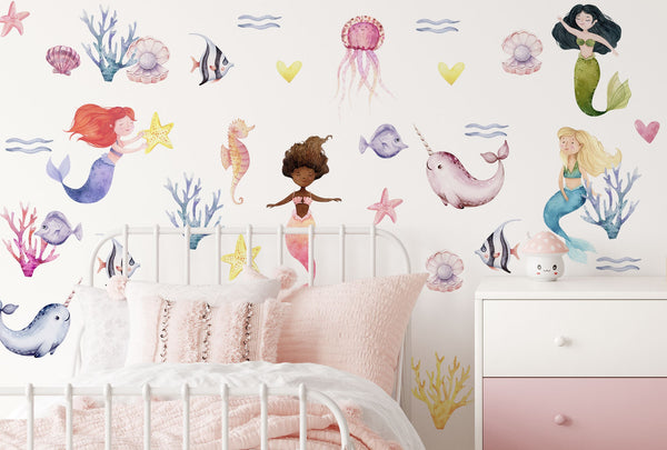 Girls Wall Decals - Mermaid Wall Decor - Little Mermaid Wall Sticker - Watercolor - Peel and Stick