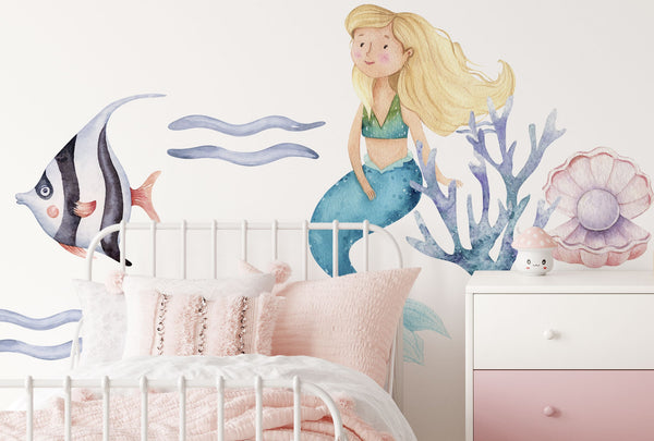 Girls Wall Decals - Mermaid Wall Decor - Little Mermaid Wall Sticker - Watercolor - Peel and Stick