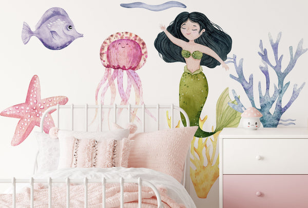 Girls Wall Decals - Mermaid Wall Decor - Little Mermaid Wall Sticker - Watercolor - Peel and Stick