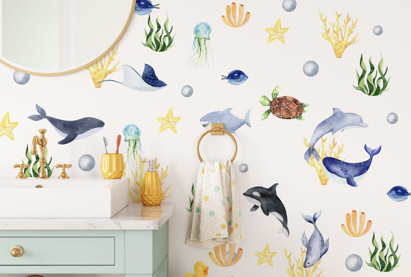 AQUAMARINE- Under the Sea Wall Decal - Ocean Animal - Watercolor Stickers Sea Life