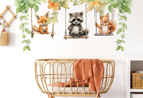 Wall Stickers for Kids Room Animals On A Swing - Woodland Animal Wall Decals - Nursery Wall Decal