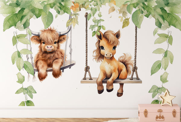 Farm Animals Wall Decals - Animals on Swing Wall Sticker - Childrens Wall Decal - Farm Nursery Decor