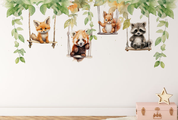 Wall Stickers for Kids Room Animals On A Swing - Woodland Animal Wall Decals - Nursery Wall Decal