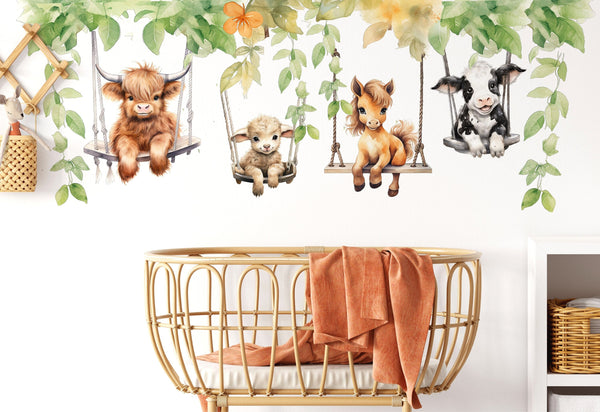 Farm Animals Wall Decals - Animals on Swing Wall Sticker - Childrens Wall Decal - Farm Nursery Decor