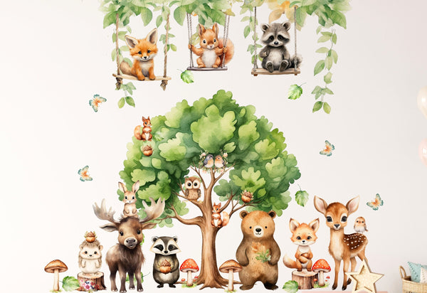 Woodland Nursery Decor Wall Decal - Forest Animals Wall Sticker for Boy and Girl Playroom