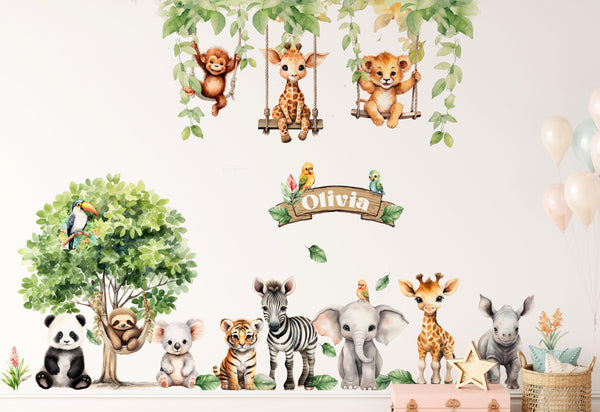 Big Jungle Wall Stickers - Safari Animals on Swings - Kids Playroom & Nursery Decal