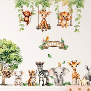 Safari Animals Wall Decals - Nursery Wall Stickers - Jungle Animals On a Swing - Zoo Animal - Playroom Decoration