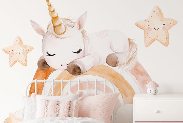 Sleeping Unicorn Wall Decal - Girl's Bedroom decoration - Boho Nursery Wall Sticker for a girl