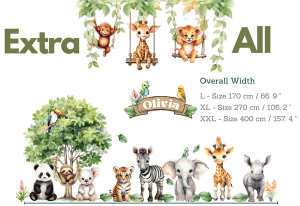 Big Jungle Wall Stickers - Safari Animals on Swings - Kids Playroom & Nursery Decal