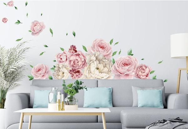 Vinilo decoración con flores de peonía y rosas acuarela