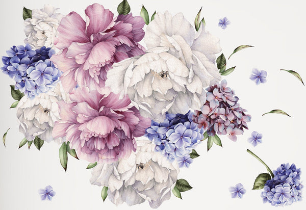 Vinilo peonías blancas, moradas y azules y flores de hortensias