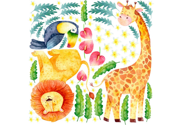Jungle animals wall decals - giraffe, lion, toucan