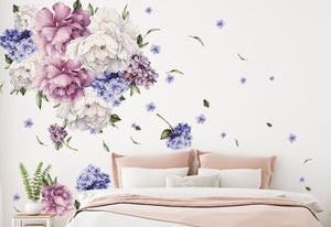 Vinilo peonías blancas, moradas y azules y flores de hortensias