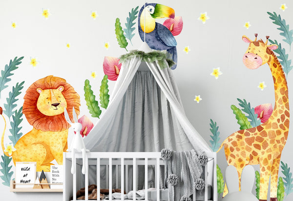 Jungle animals wall decals - giraffe, lion, toucan