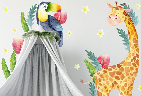 Jungle animals wall decals - giraffe, lion, toucan