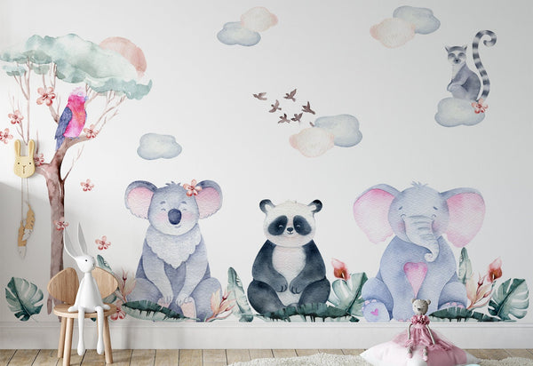 Vinilo de pared animales de meditación - Elefante, Panda, Koala, Lemur, Loro