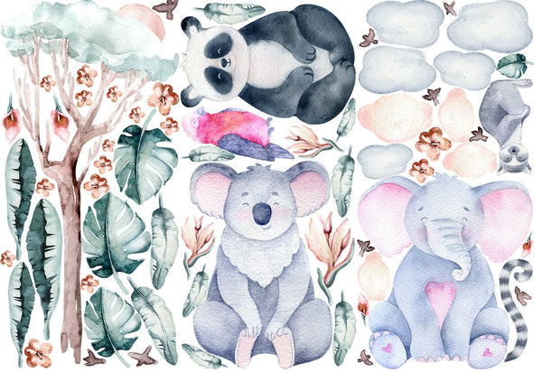 Vinilo de pared animales de meditación - Elefante, Panda, Koala, Lemur, Loro